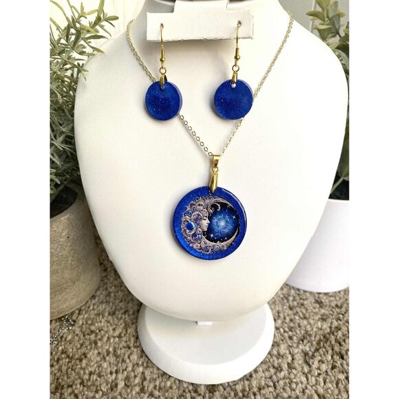 Celestial Moon Goddess Jewelry Set – Blue Galaxy Resin Pendant & Earrings - Picture 1 of 4